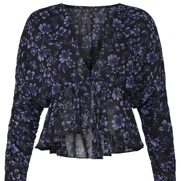 MISA Los Angeles Kesara Top XS Navy Floral Peplum Blouse NWOT Cropped - Picture 8 of 12